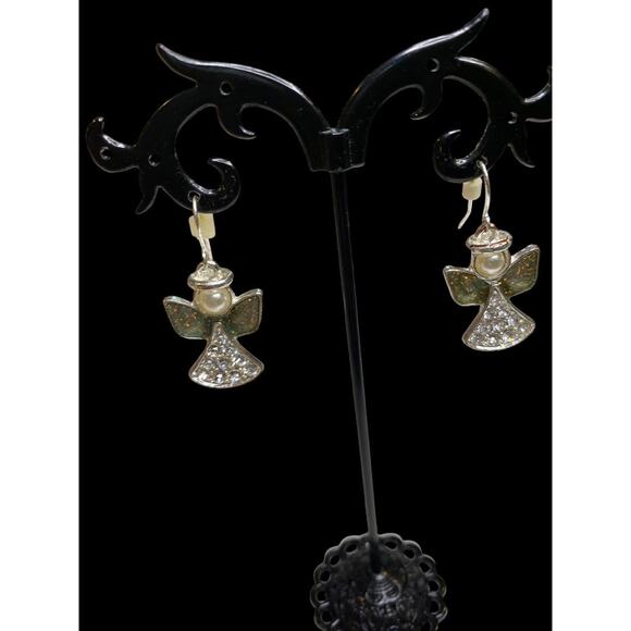 Angel Earrings Fishhook Pierced Silvertone 1.4" Drop Sparkly - Picture 6 of 7